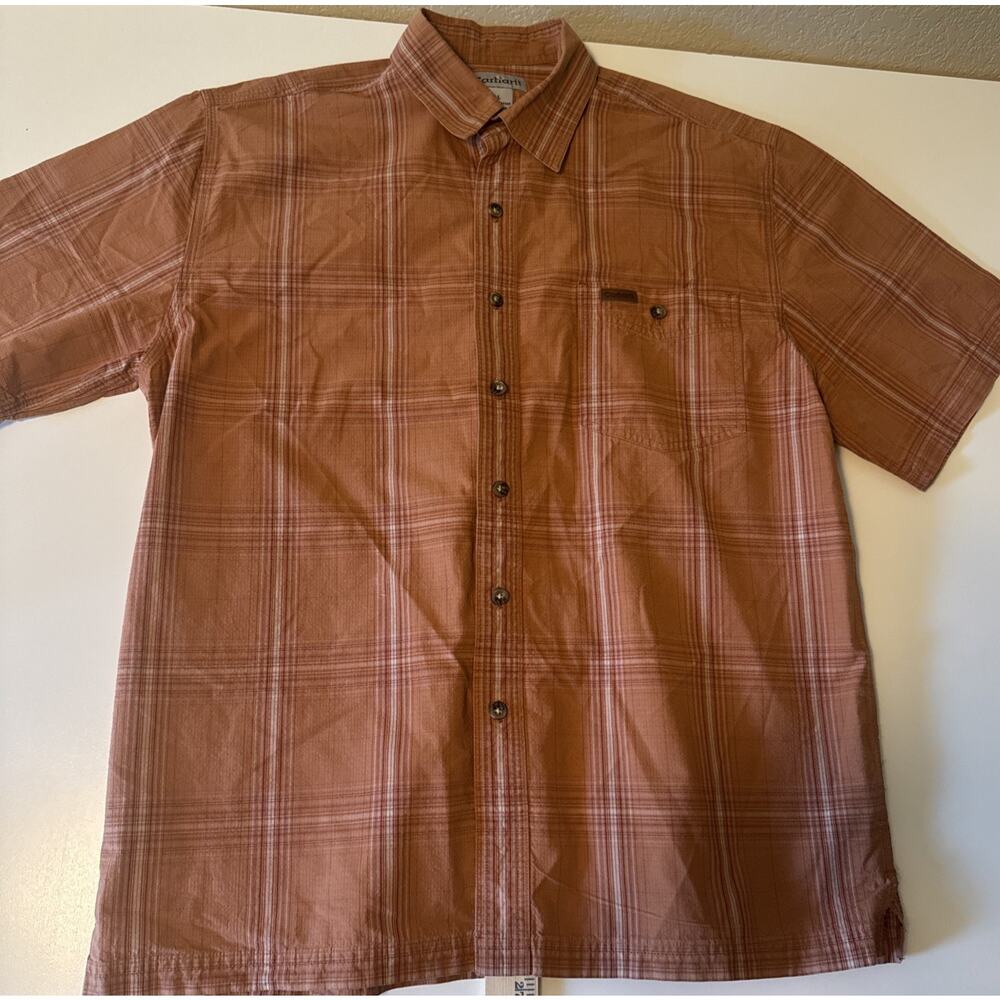 Carhartt Orange Plaid Button Front Shirt Men’s LARGE Short Sleeve Cotton NWOT